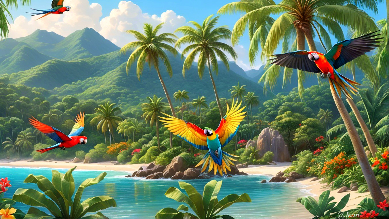 Vibrant Tropical Scene with Parrots and Beach Landscape