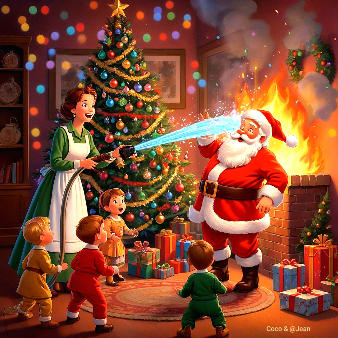 Cheerful Woman Spraying Santa in Festive Living Room