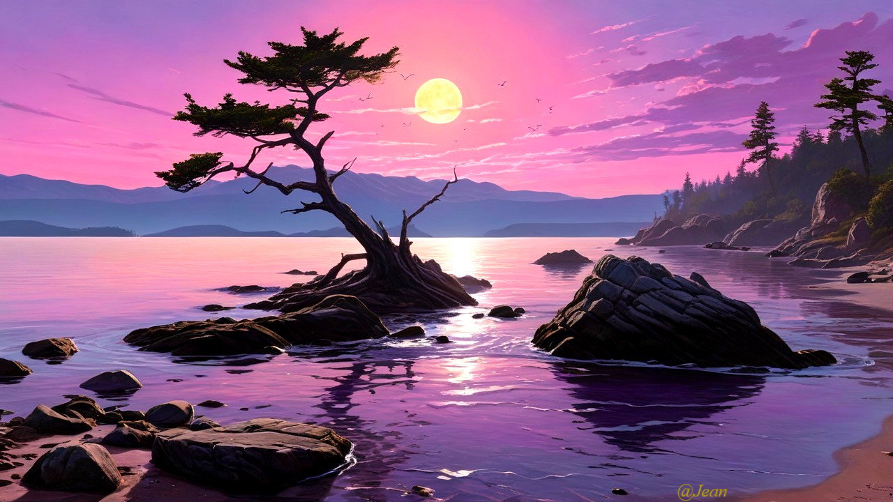 Twilight Landscape with Water, Moon, and Trees