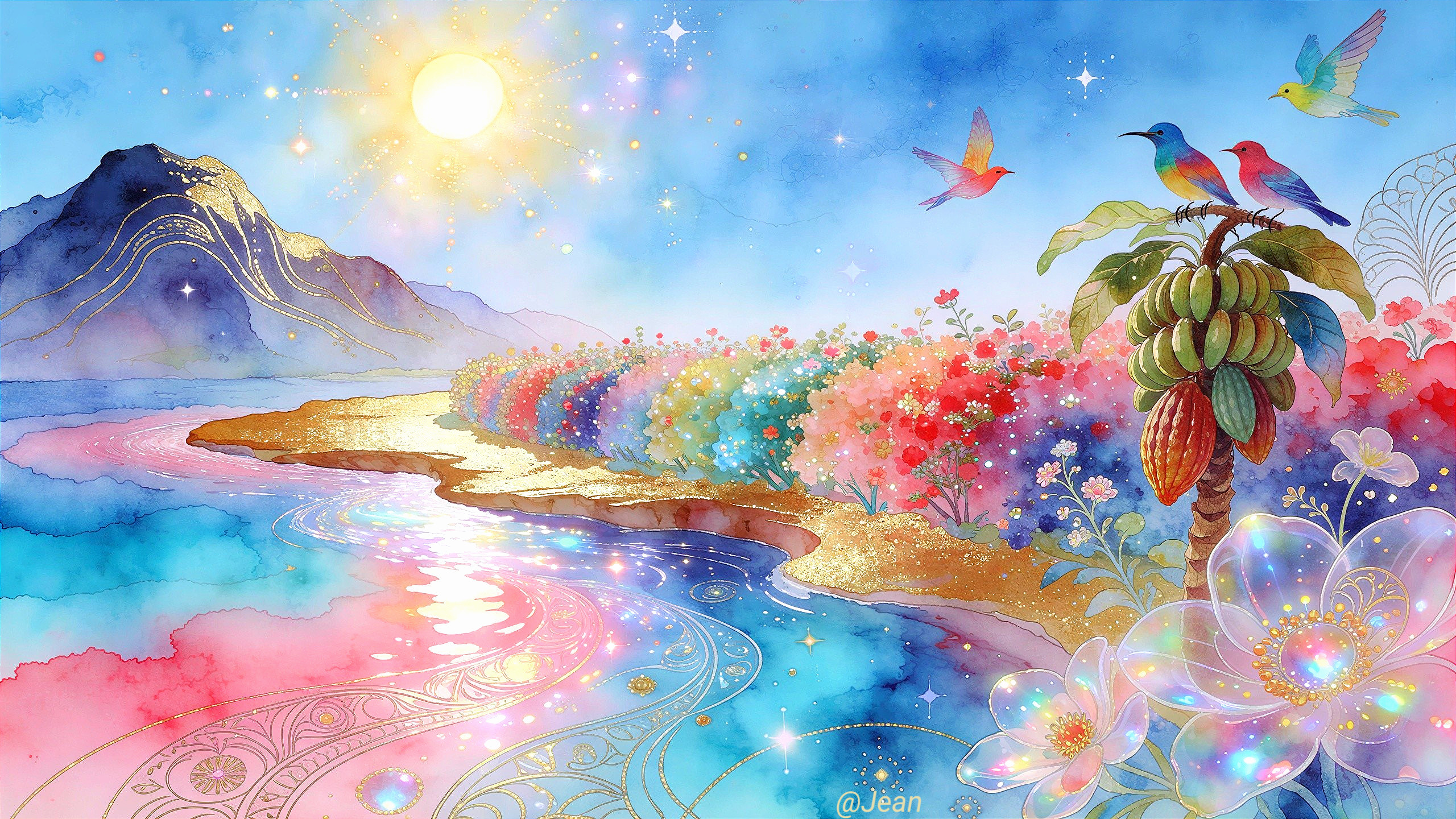 Vibrant Watercolor Landscape with River and Mountains
