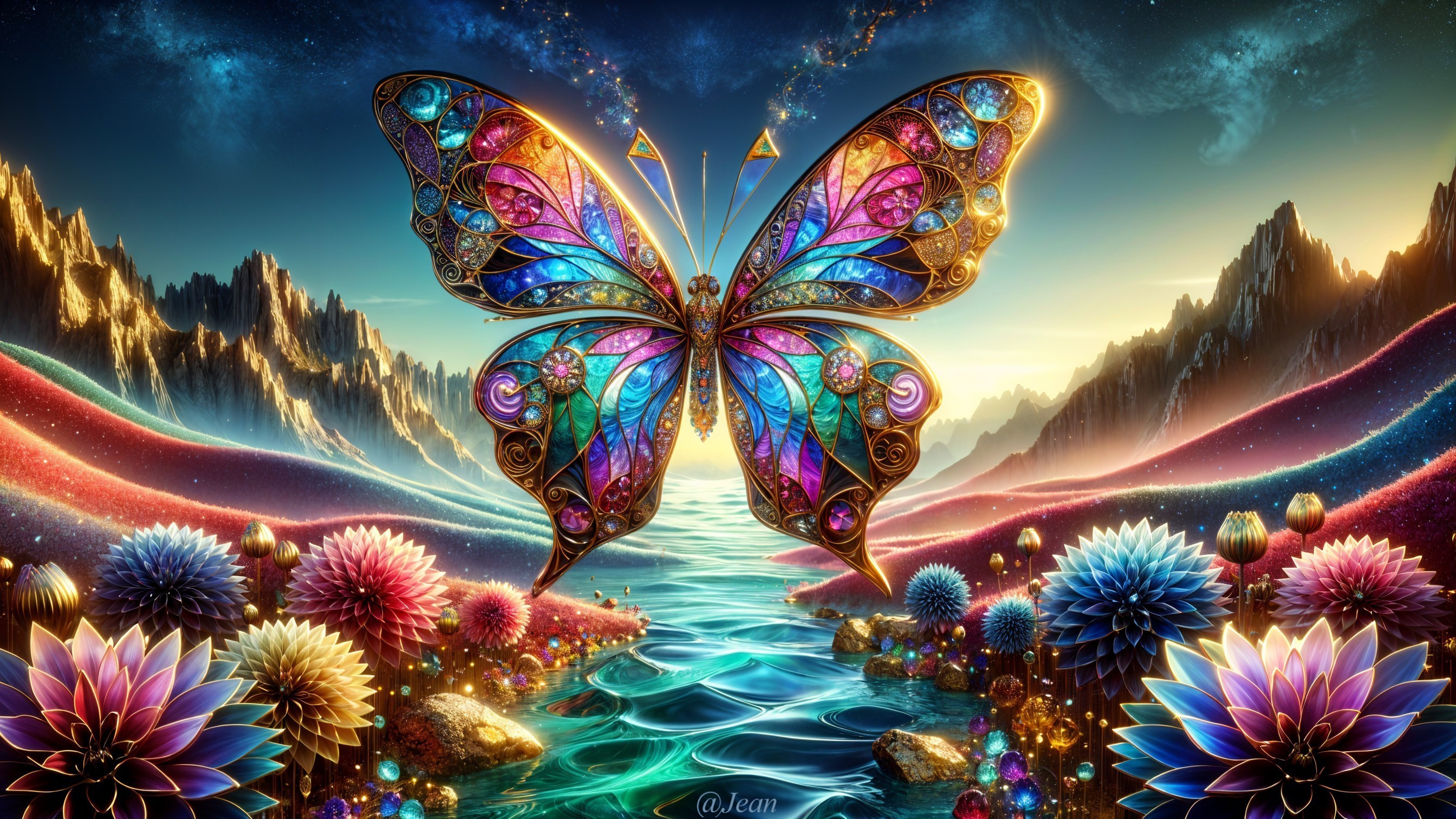 Colorful Butterfly Over Serene Rainbow River Scene