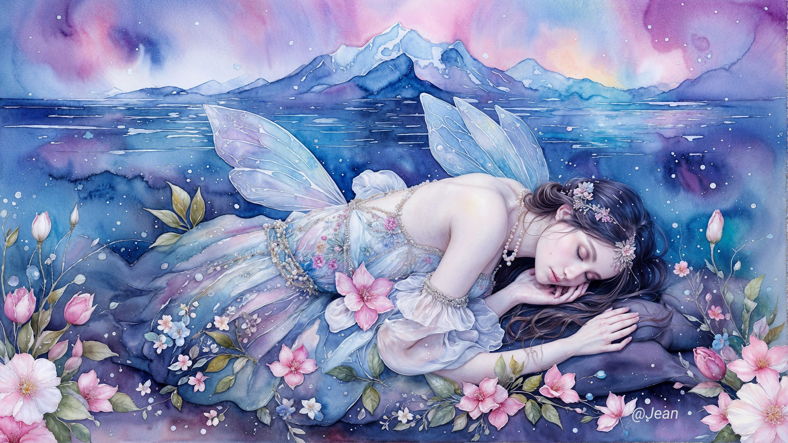 Dreamy Watercolor of a Sleeping Fairy in Nature