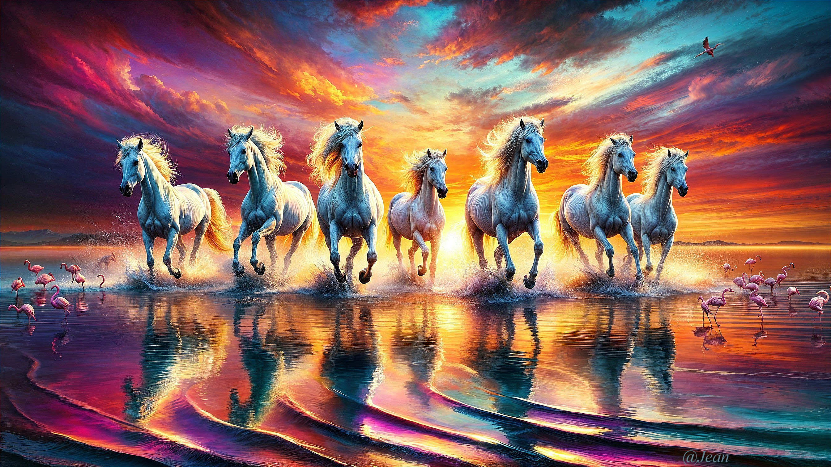 Galloping White Horses and Flamingos at Sunset
