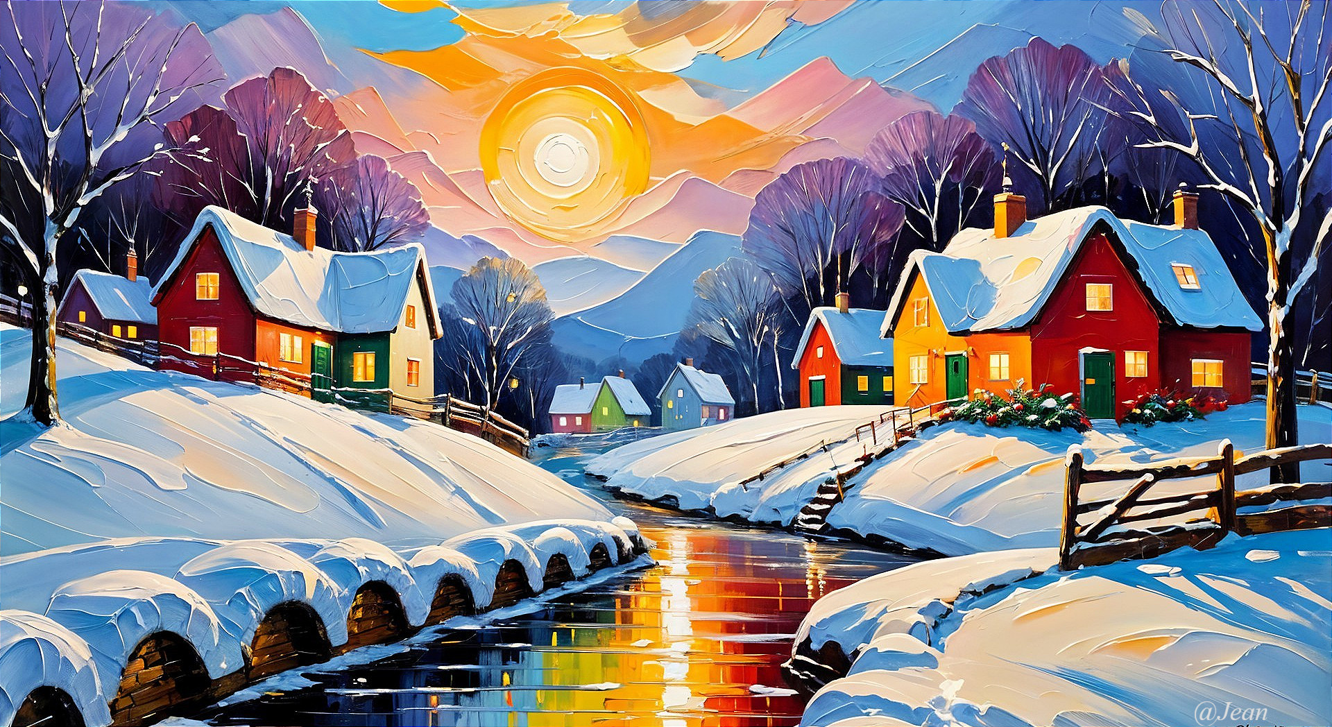 Winter Landscape with Cottages and Sunset Reflection