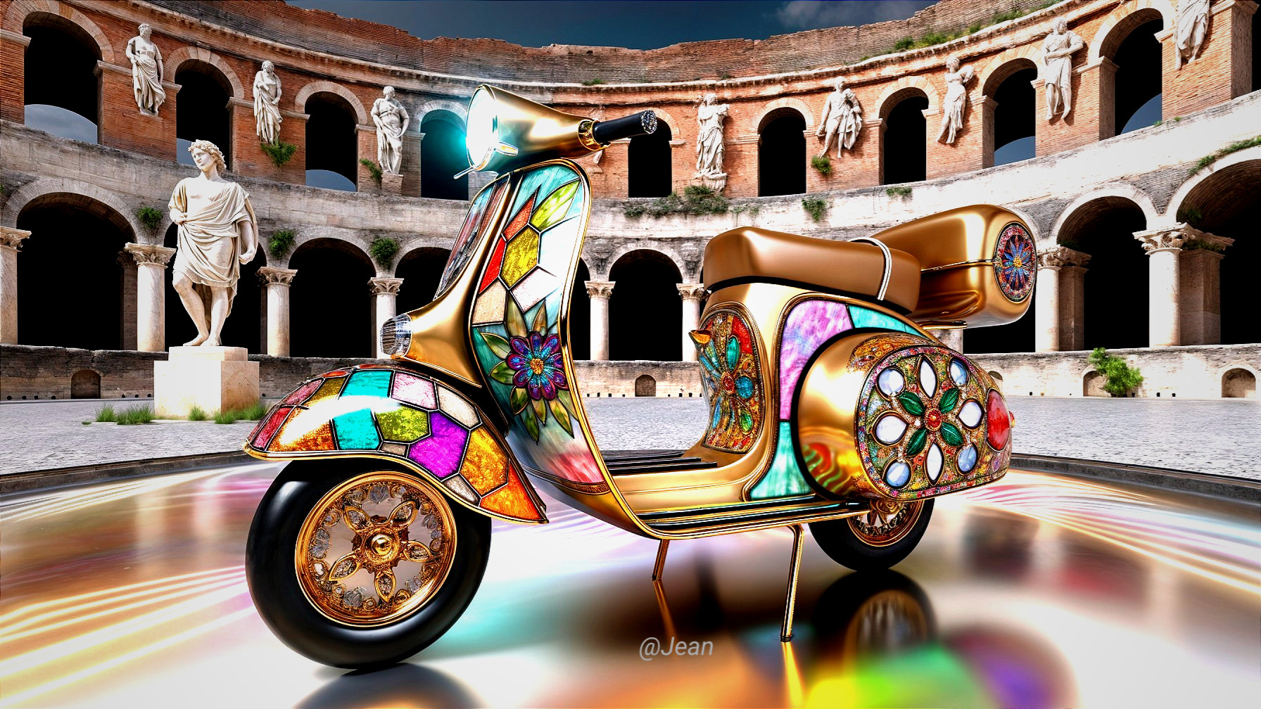 Golden Scooter with Stained Glass in Roman Amphitheater