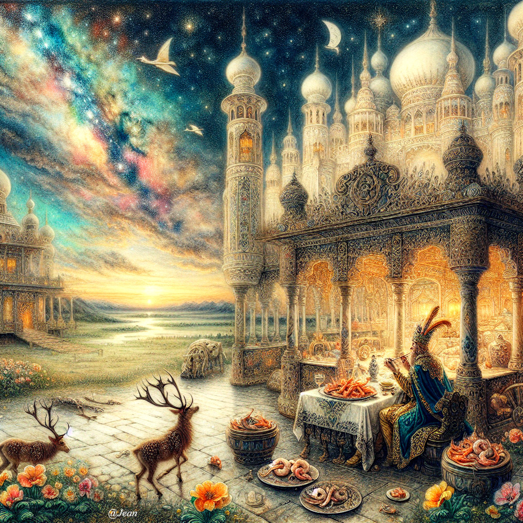 Twilight Feast in an Ornate Palace Garden Setting