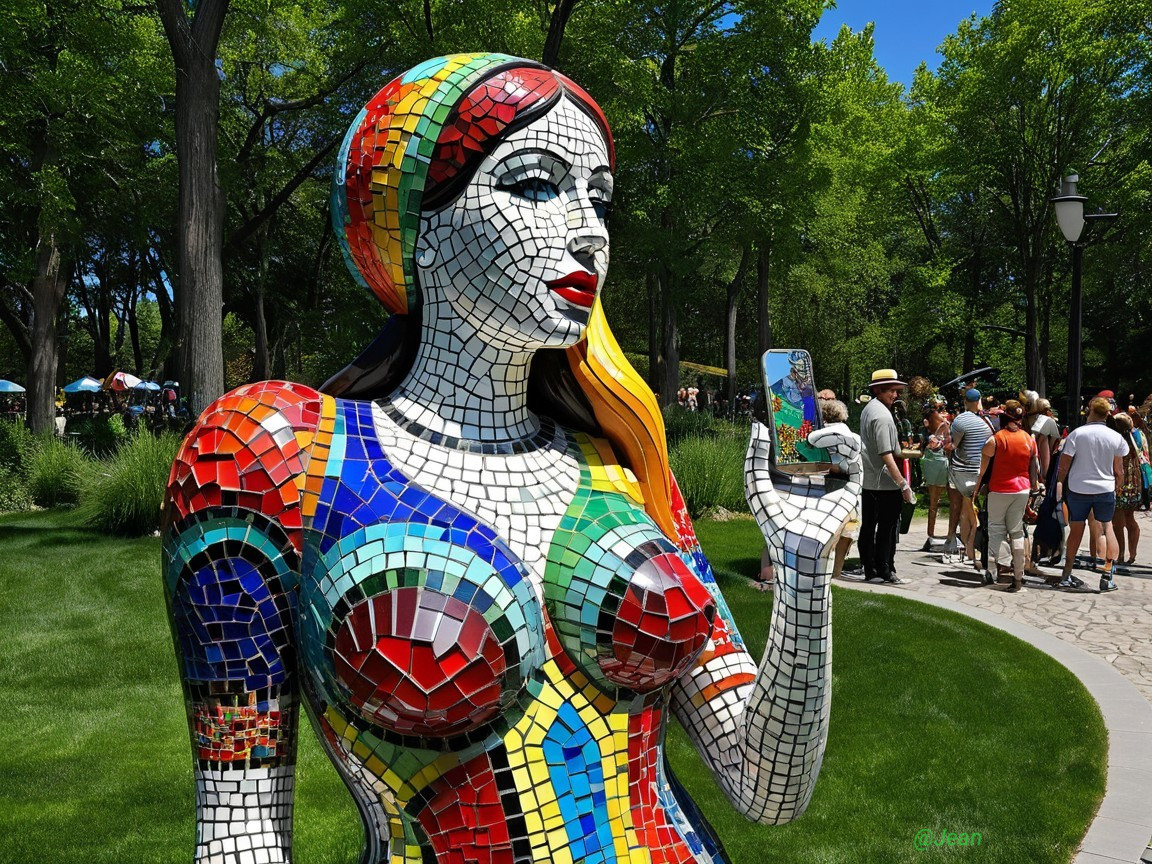 Colorful Mosaic Sculpture of Woman in Park Setting