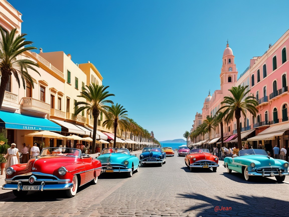 Vibrant Street Scene with Classic Cars and Ocean View