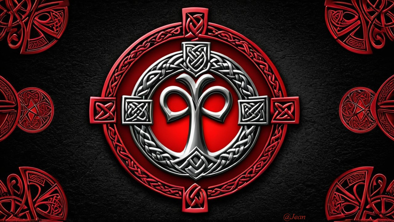 Celtic Knot Design with Red Circle on Black Background