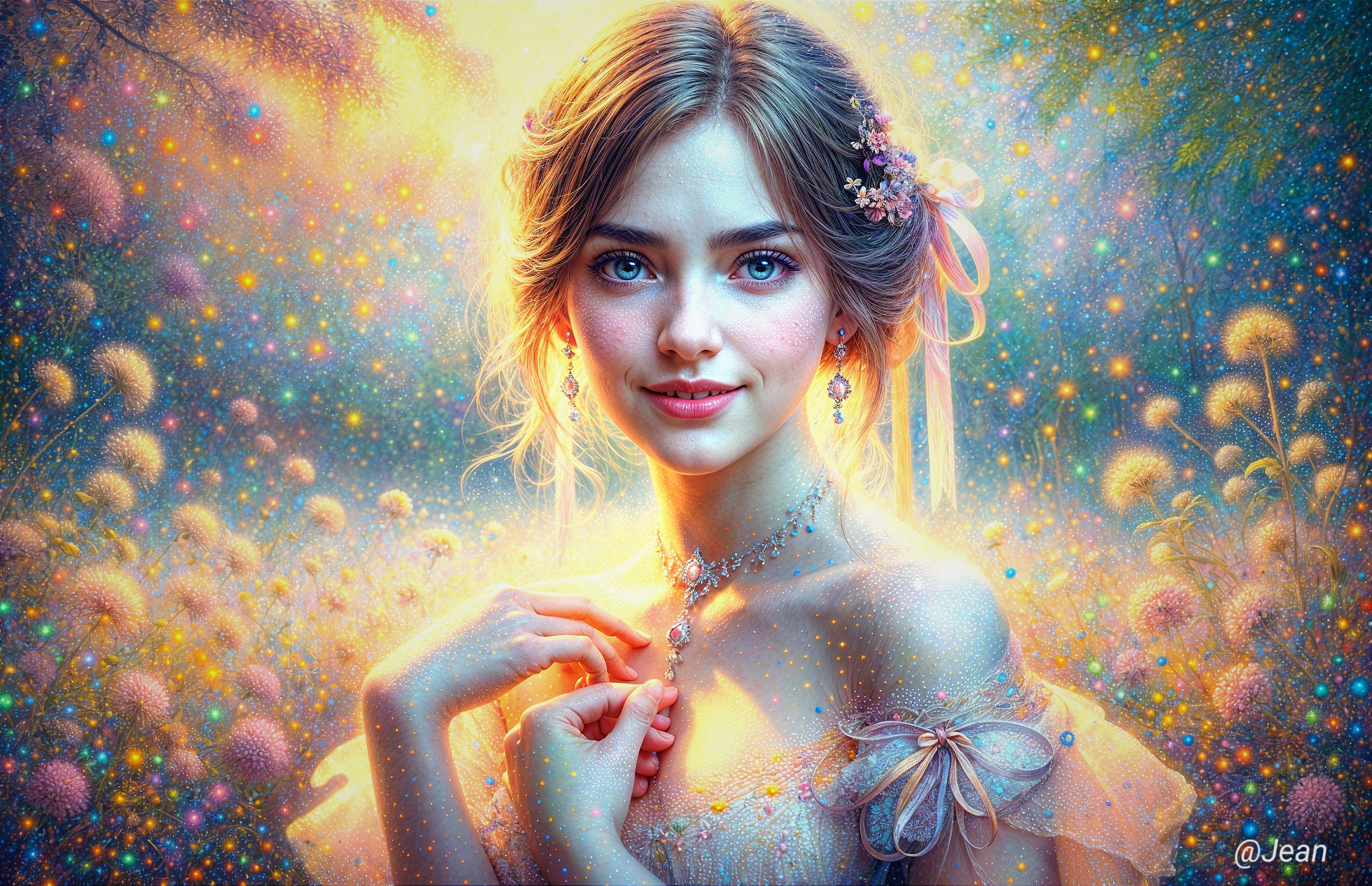 Young woman in ethereal setting with colorful lights