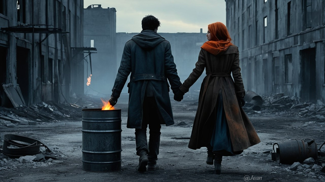 Couple in Post-Apocalyptic Setting with Smoky Background