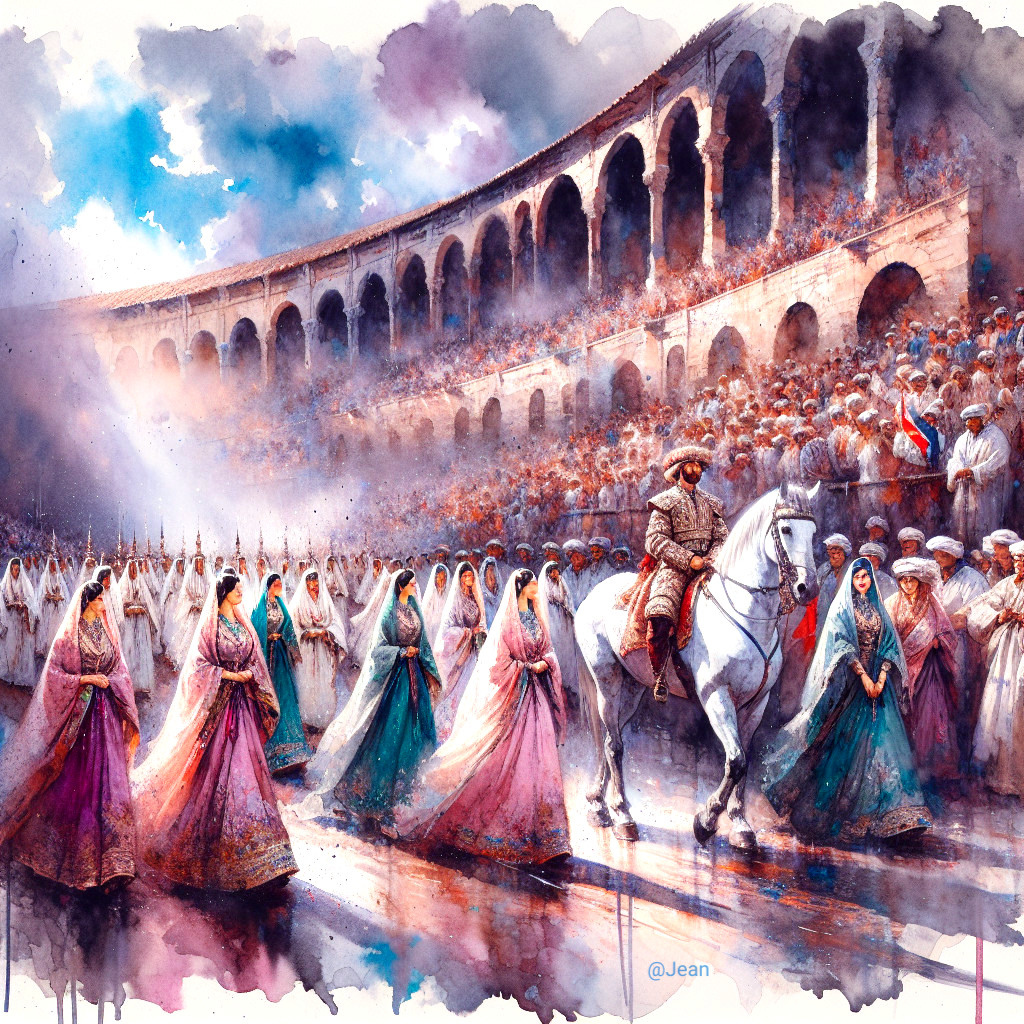 Vibrant Watercolor of Ancient Amphitheater Procession