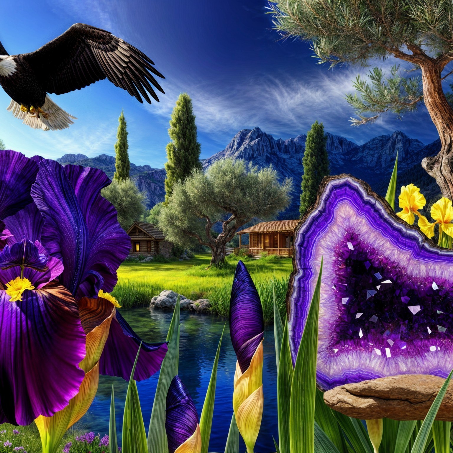 Serene Landscape with Purple Irises and Agate Formations