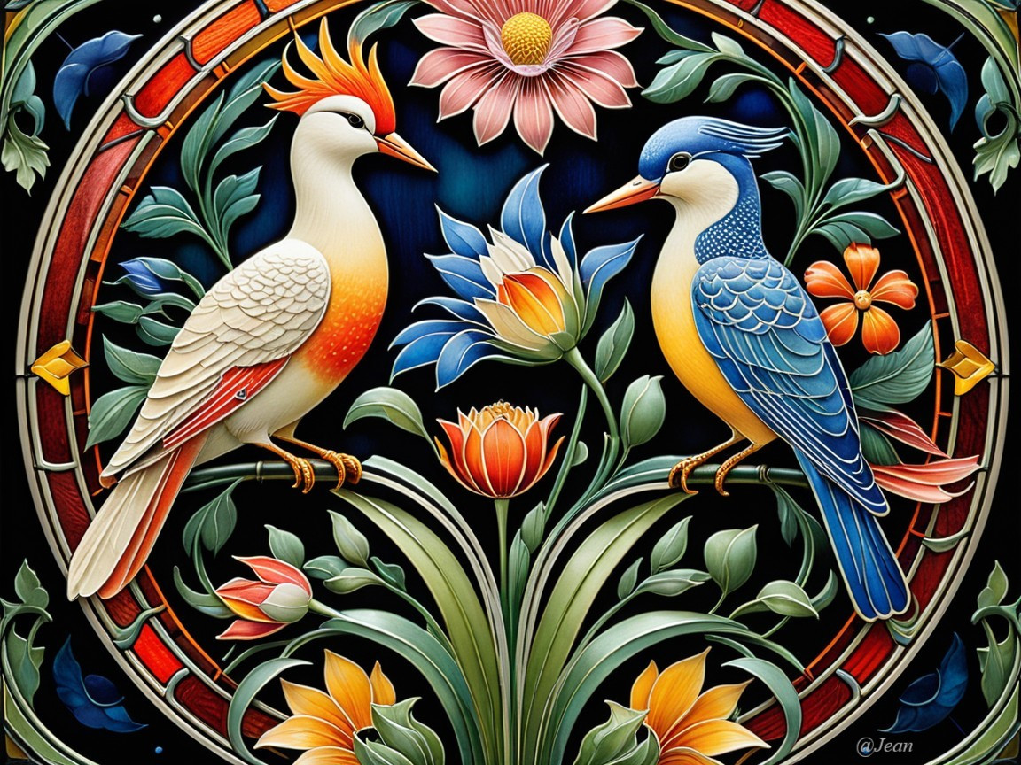Intricate Birds Amidst Vibrant Foliage and Flowers