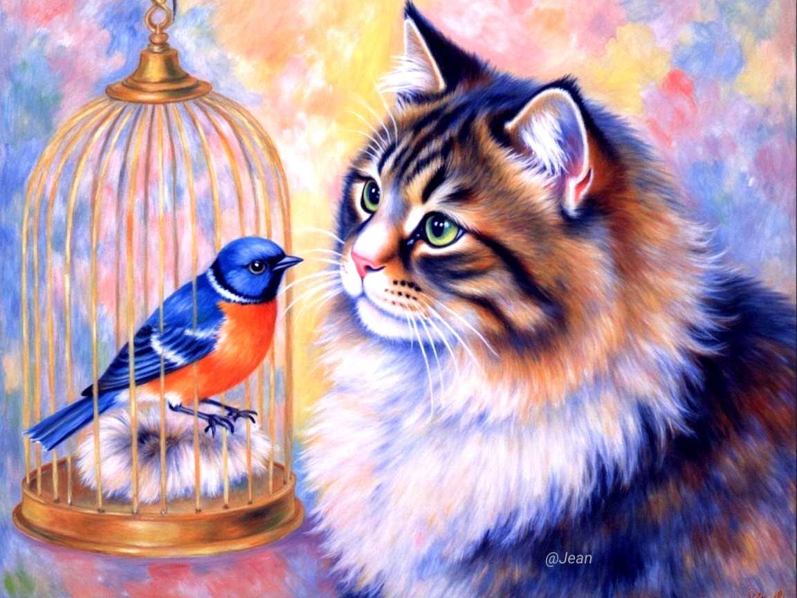 Colorful Painting of Cat and Bird in Serene Setting