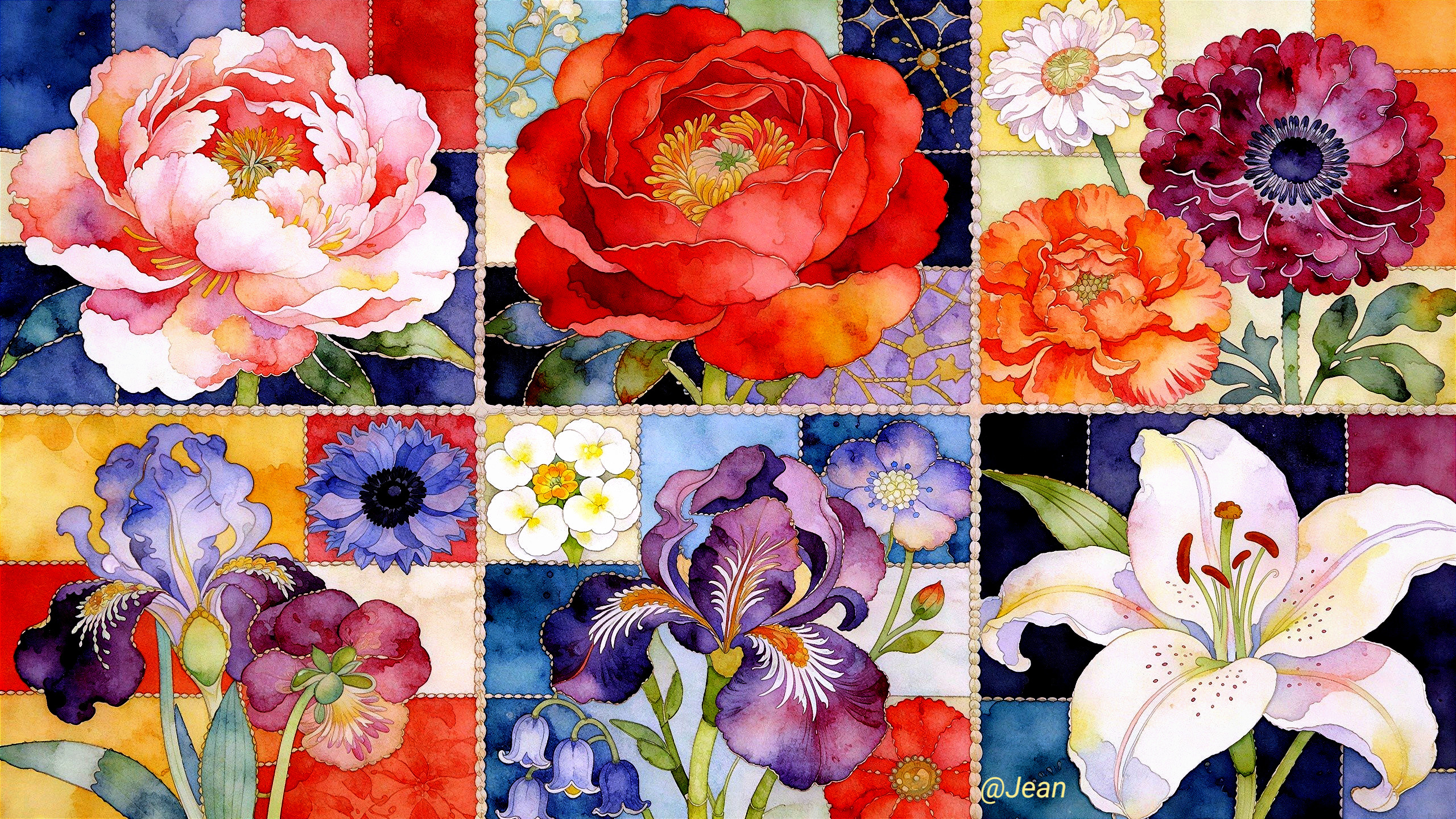 Vibrant Watercolor Floral Patchwork Quilt Design