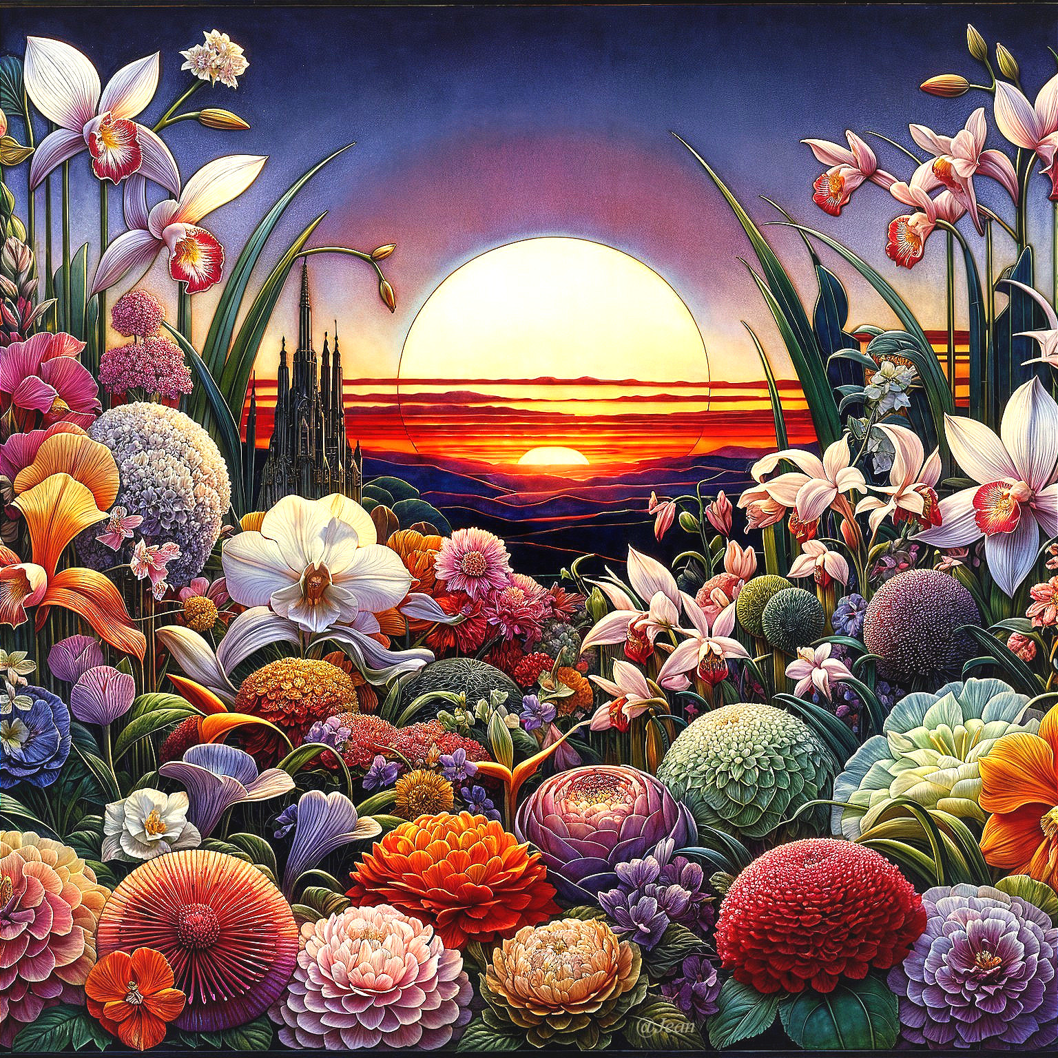 Vibrant Landscape with Blooming Flowers and Sunset