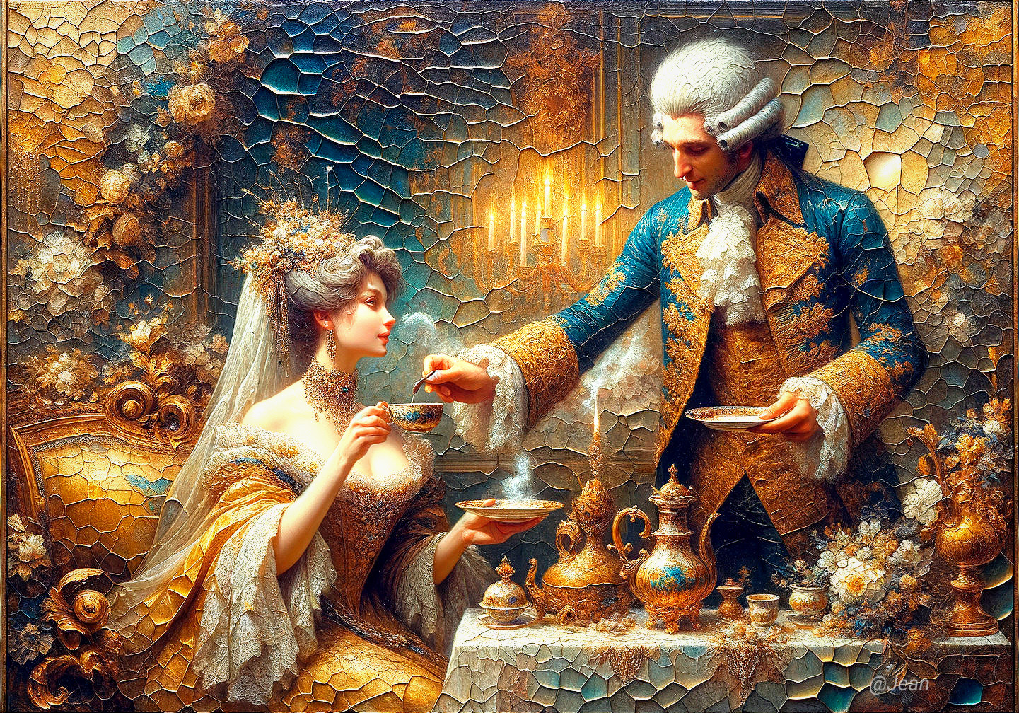 18th-Century Tea Ceremony with Elegantly Dressed Figures