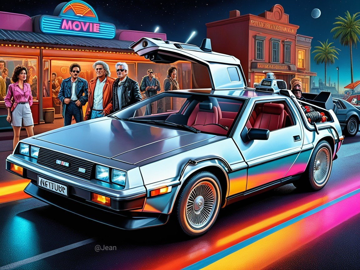 Futuristic Silver DeLorean on Neon-Lit Street