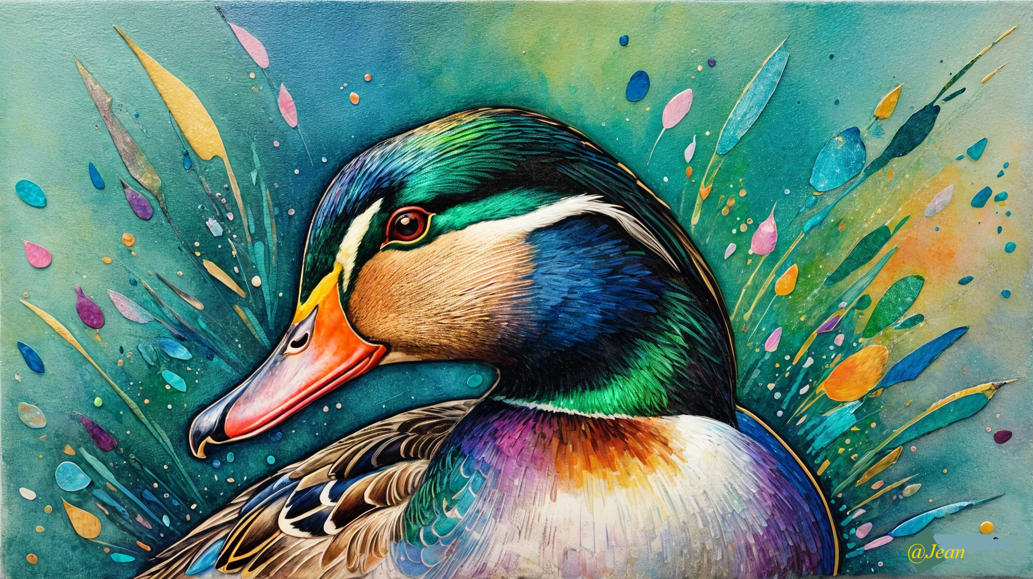 Watercolor Close-Up of Male Mallard Duck Head