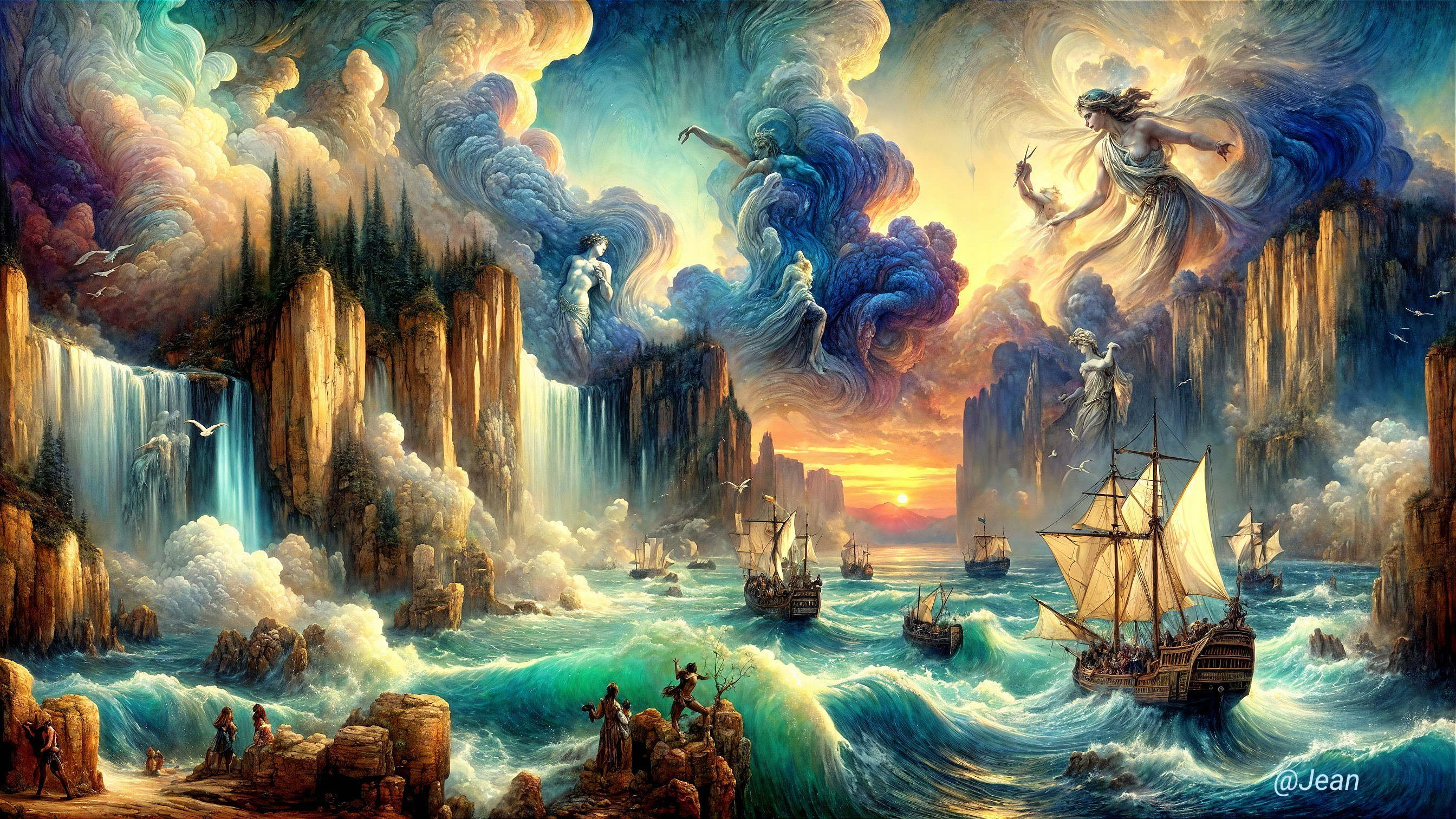 Whimsical Seascape with Ships and Ethereal Figures