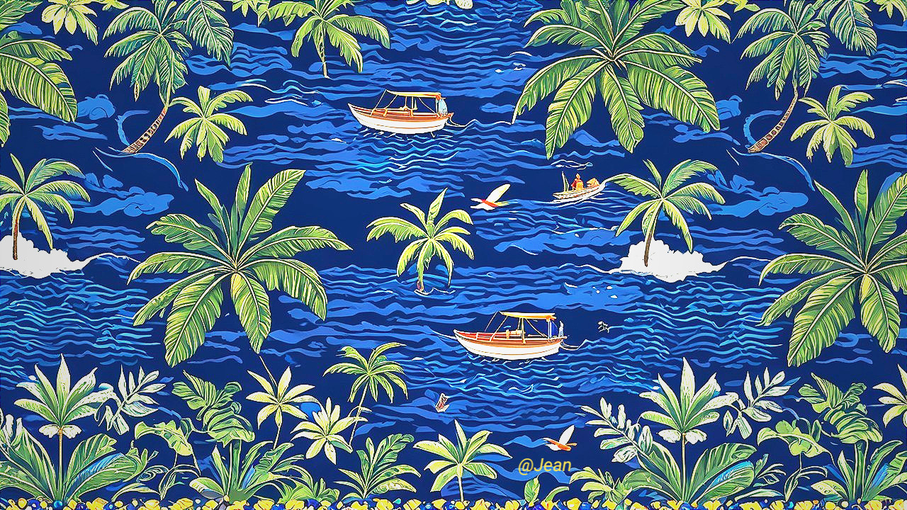 Dark Blue Water Pattern with Palm Trees and Boats