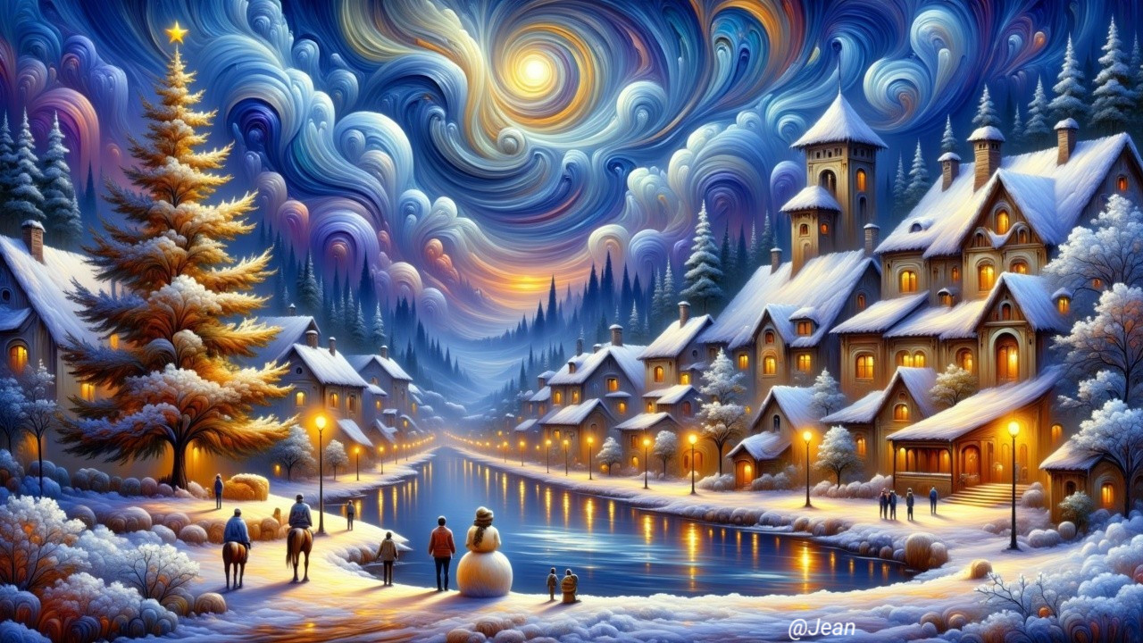 Winter Village Scene with Snow and Festive Atmosphere