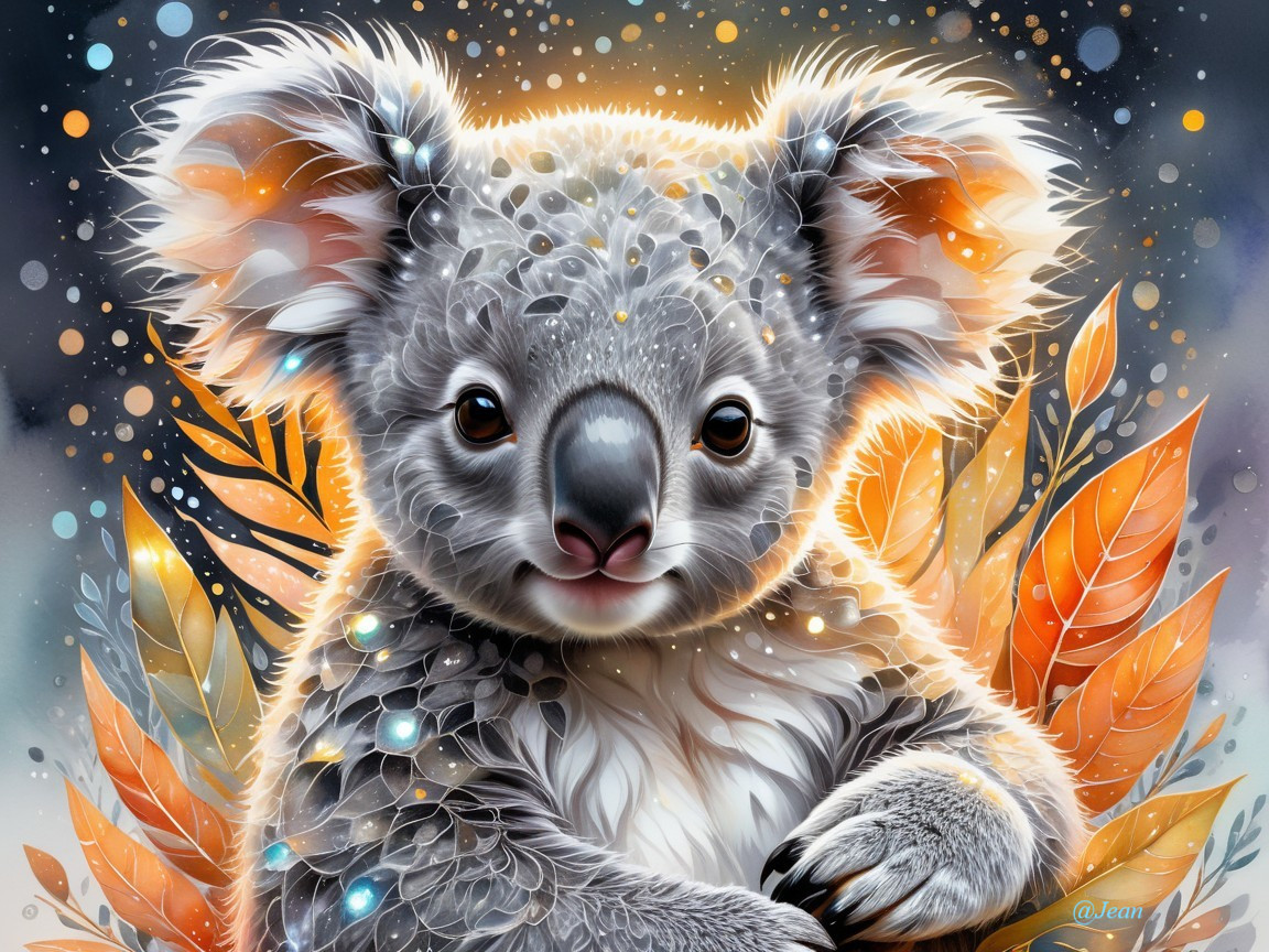 Charming Koala Surrounded by Glowing Leaves