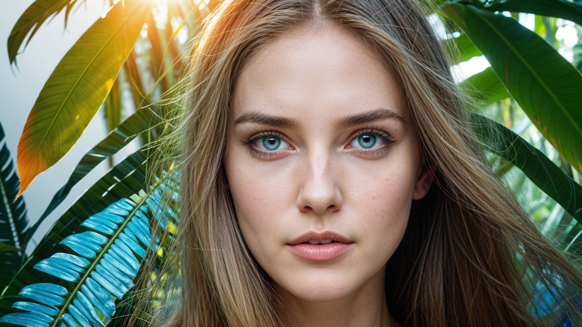 Young Woman with Blue Eyes in Lush Greenery