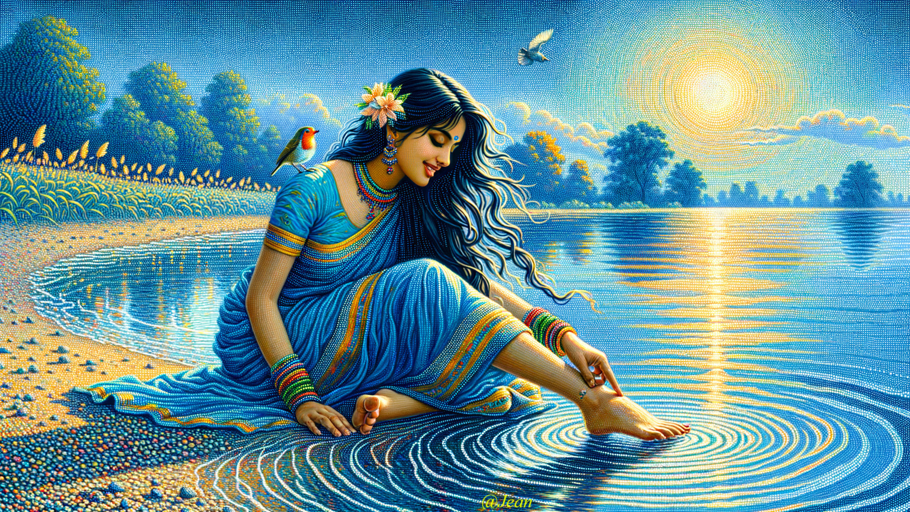 Woman by River at Sunset with Bird and Traditional Dress