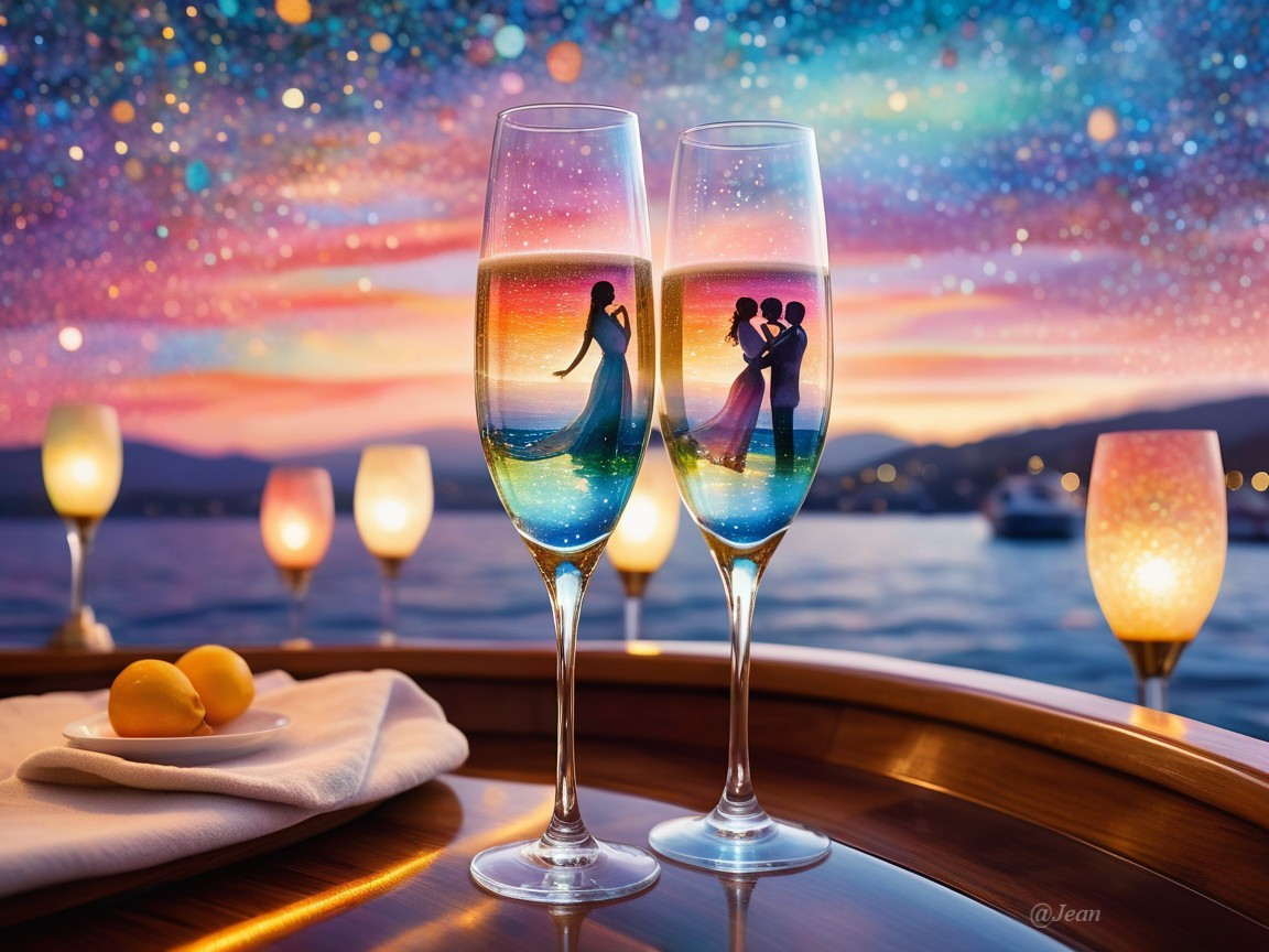 Elegant Champagne Flutes Against Sunset Background