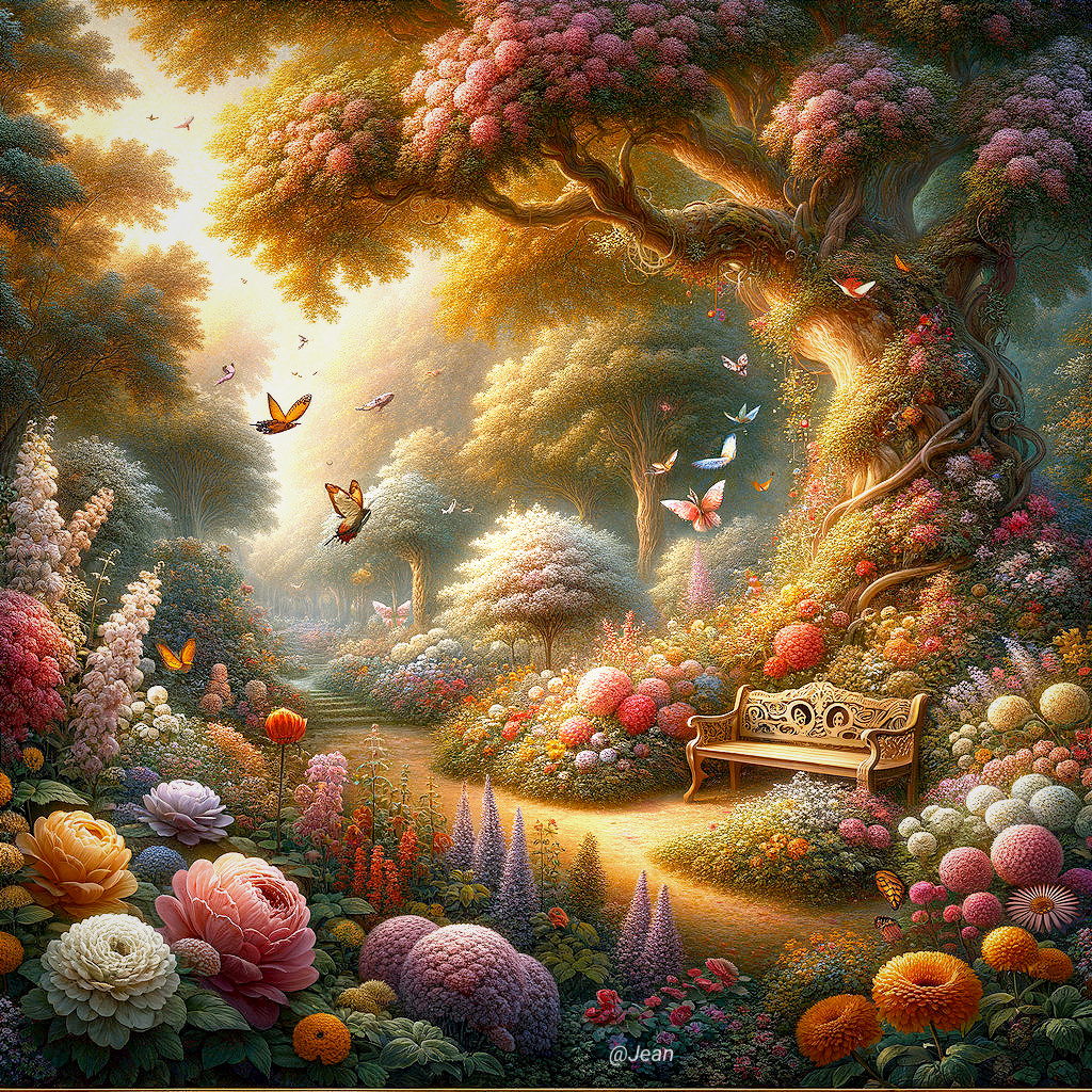 Vibrant Garden with Colorful Flowers and Tranquil Beauty