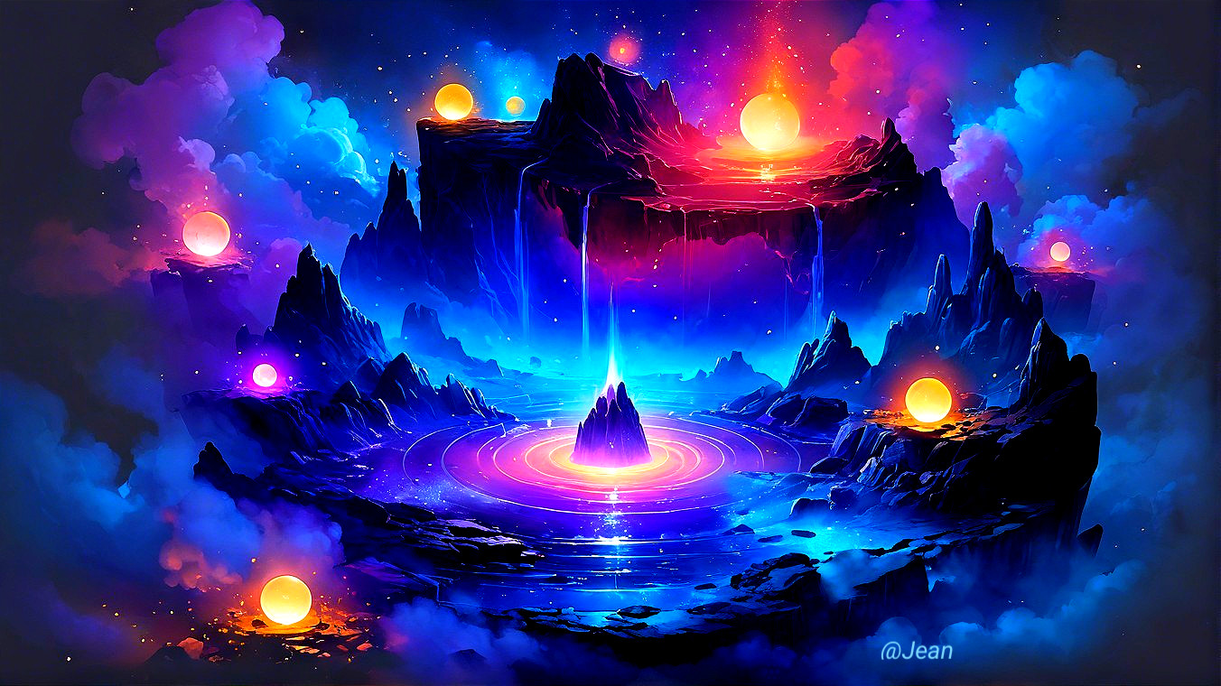 Vibrant Cosmic Landscape with Glowing Mountains and Water