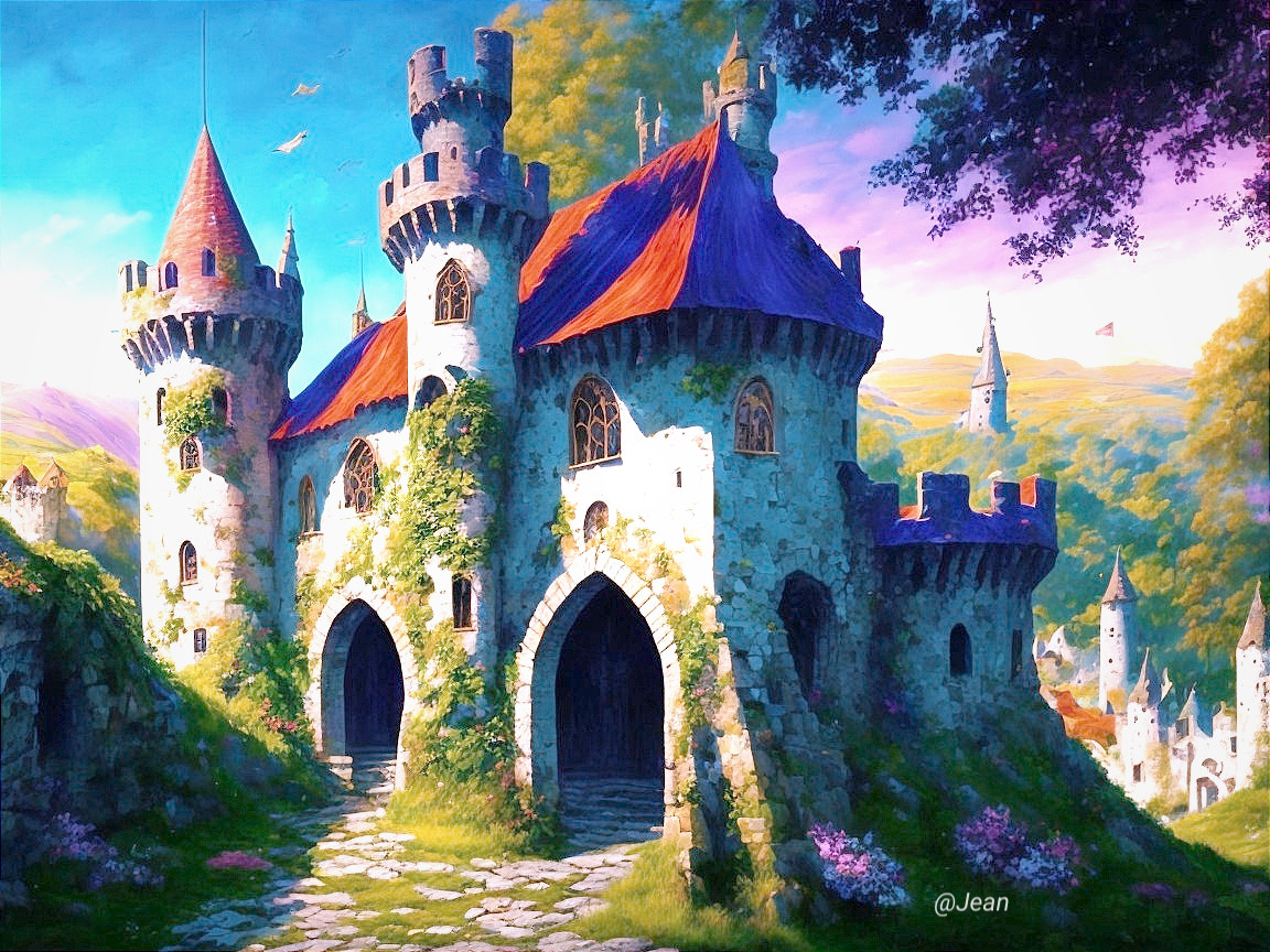 Whimsical Castle in a Vibrant Landscape with Towers