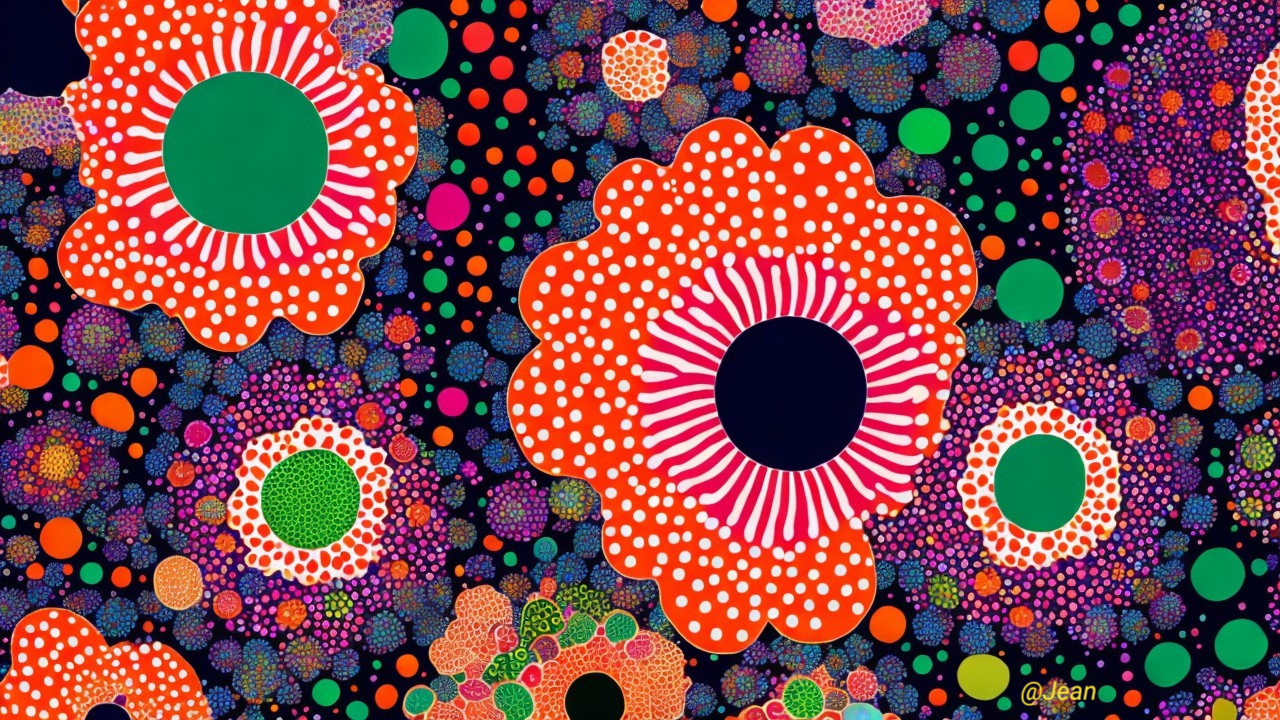 Vibrant Flower and Dot Pattern on Dark Background