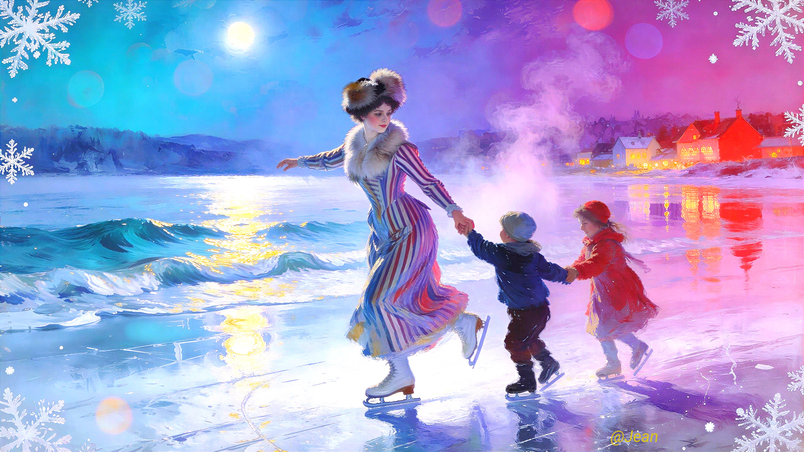 Elegant Woman and Children Ice Skating at Night