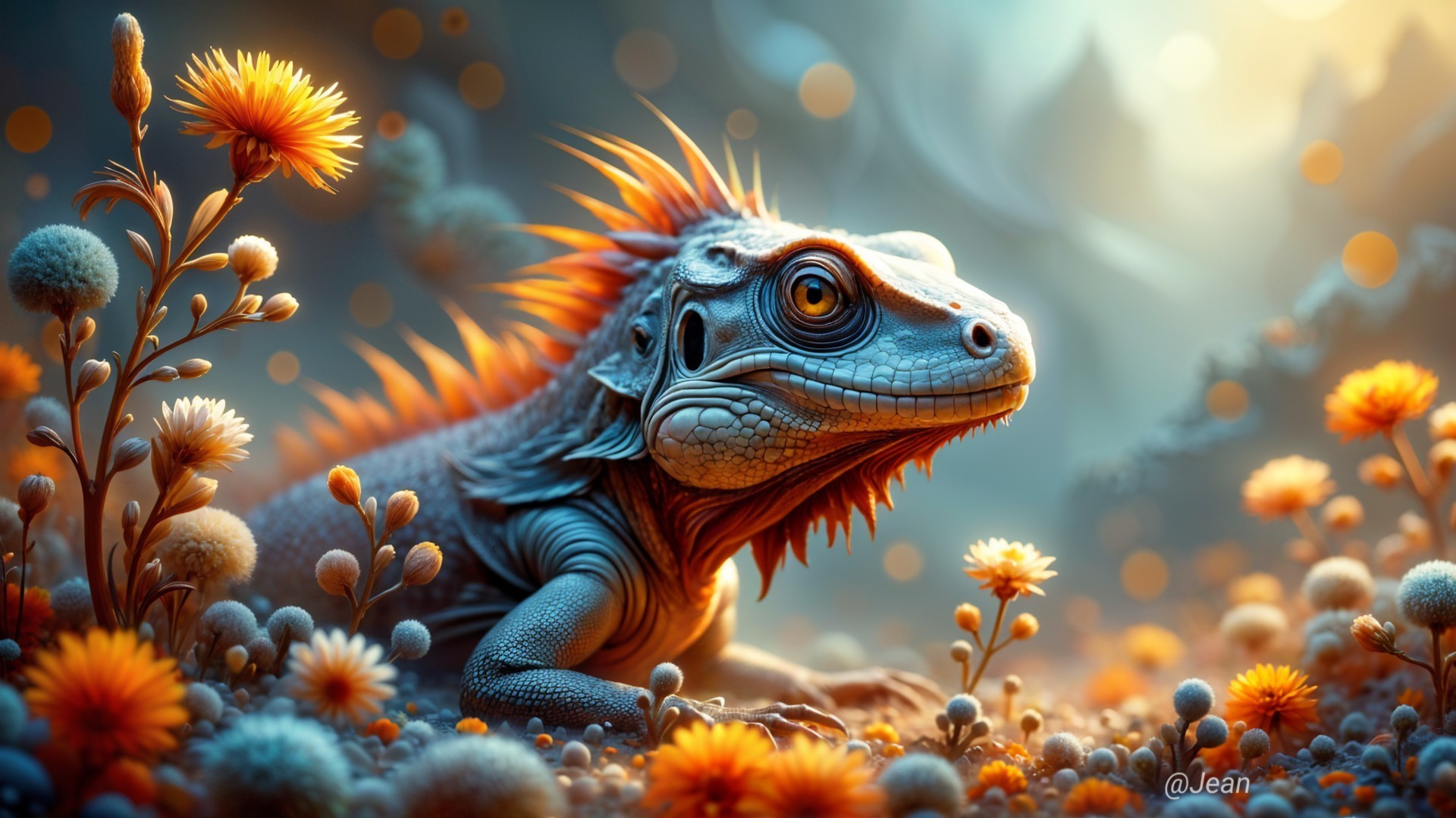 Lizard Among Colorful Flowers in Mystical Light