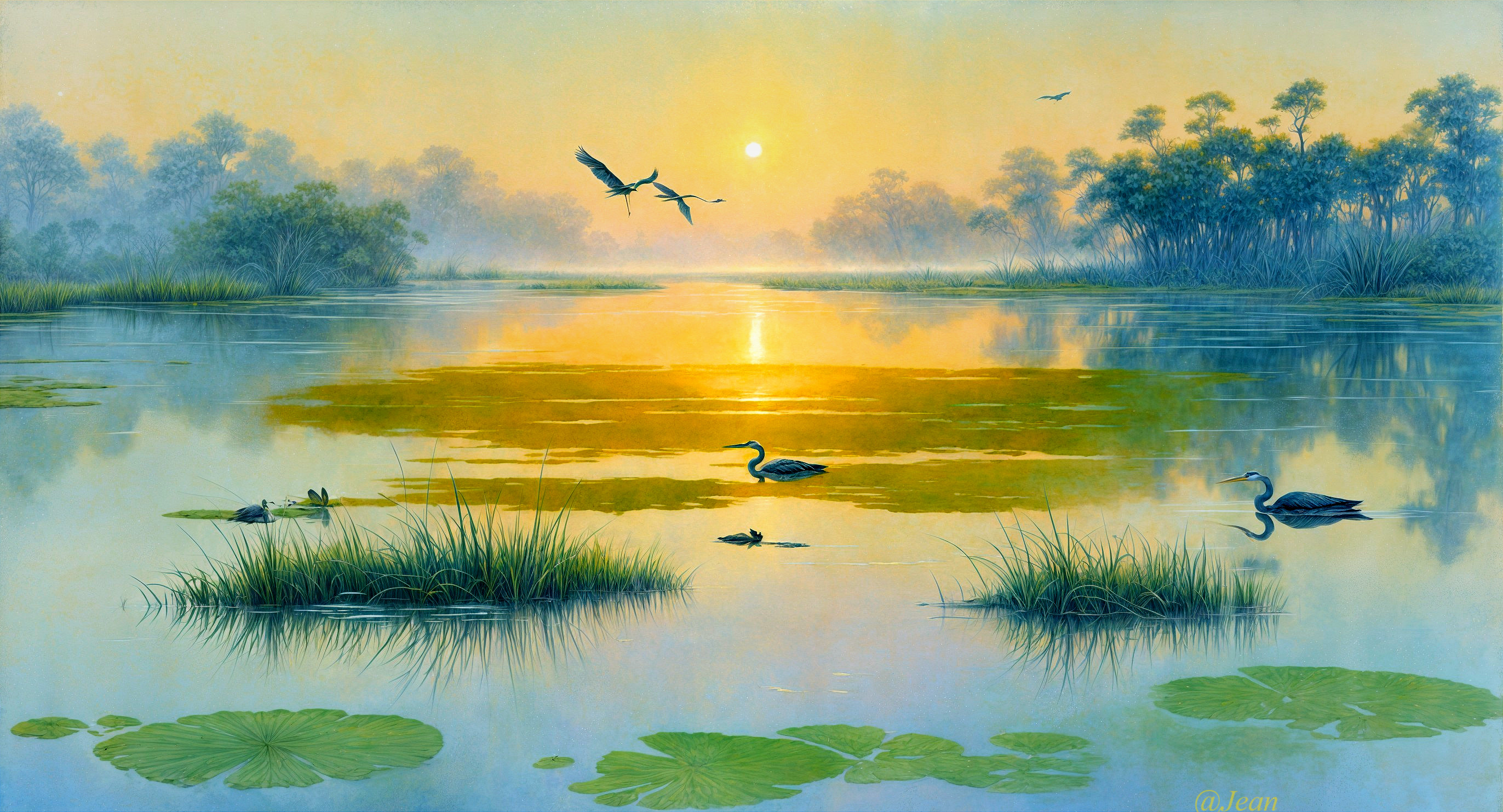 Tranquil Wetland at Sunrise with Wildlife and Mist