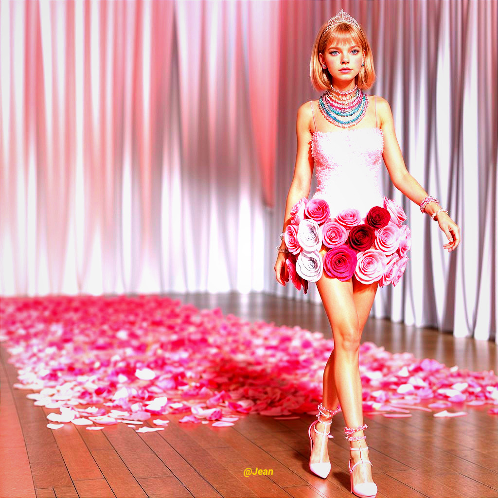Model in Floral Dress on Runway with Rose Petals