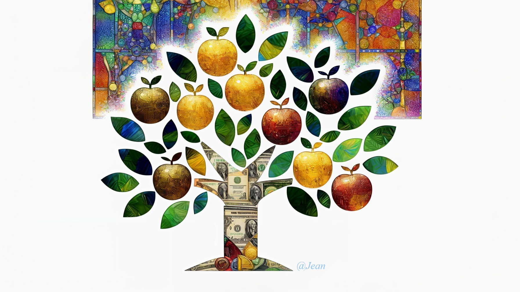 Stylized tree with multicolored leaves and apples