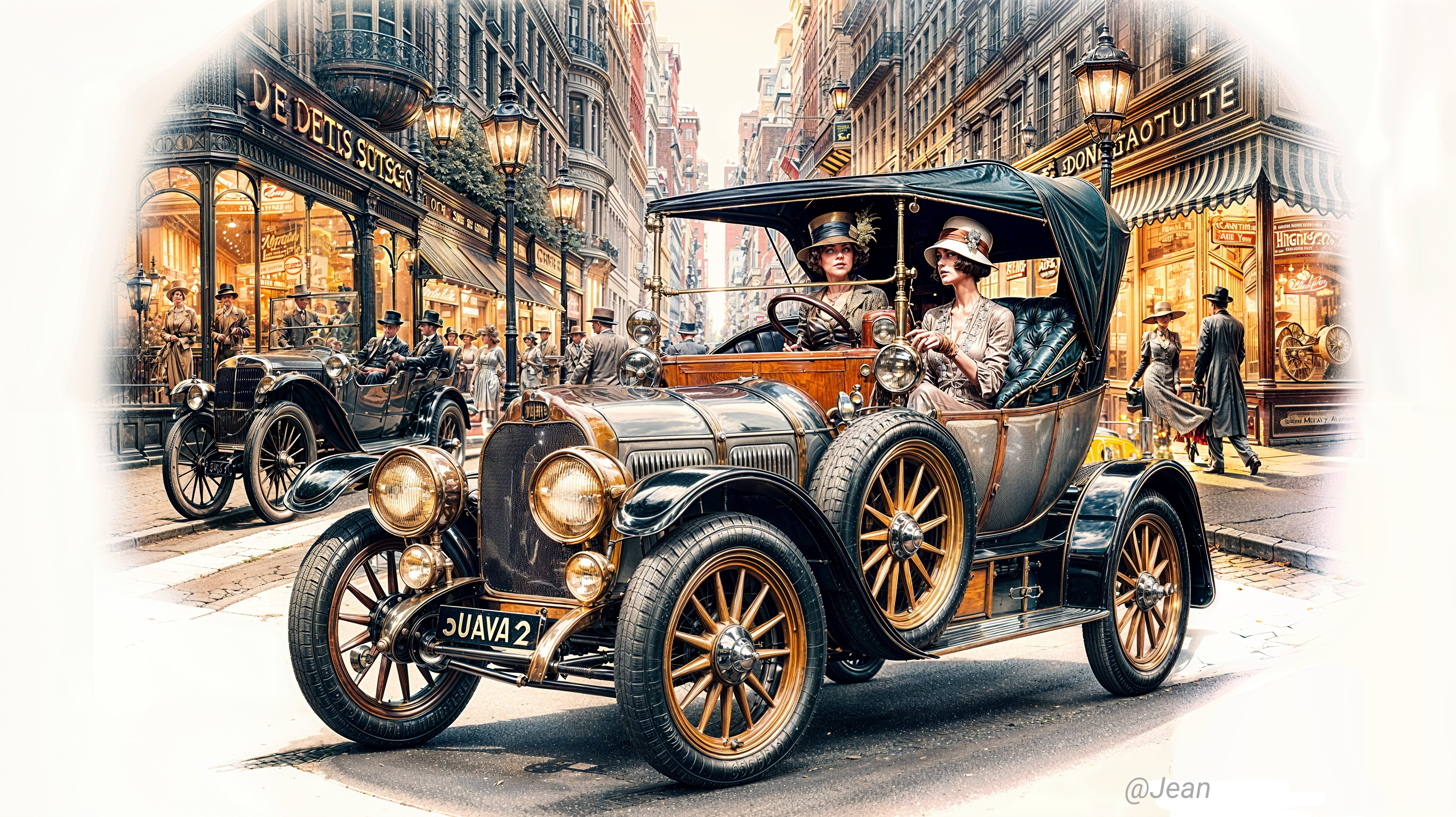 Vintage City Street Scene with Early 20th-Century Car