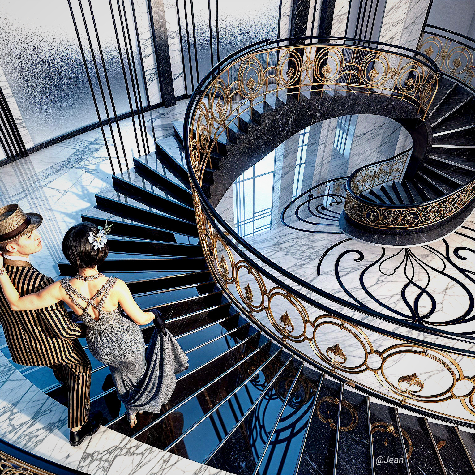 Elegant Couple on Spiral Staircase with Gold Railings