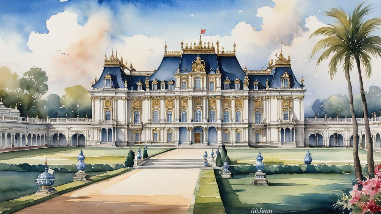 Grand palace with ornate architecture and lush garden