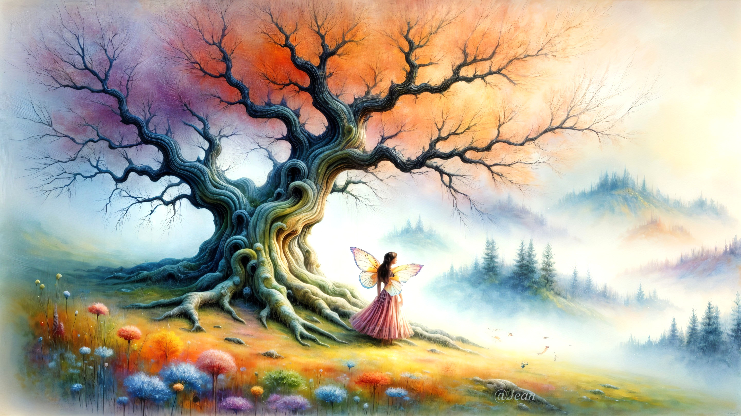 Whimsical Landscape with Majestic Tree and Fairy