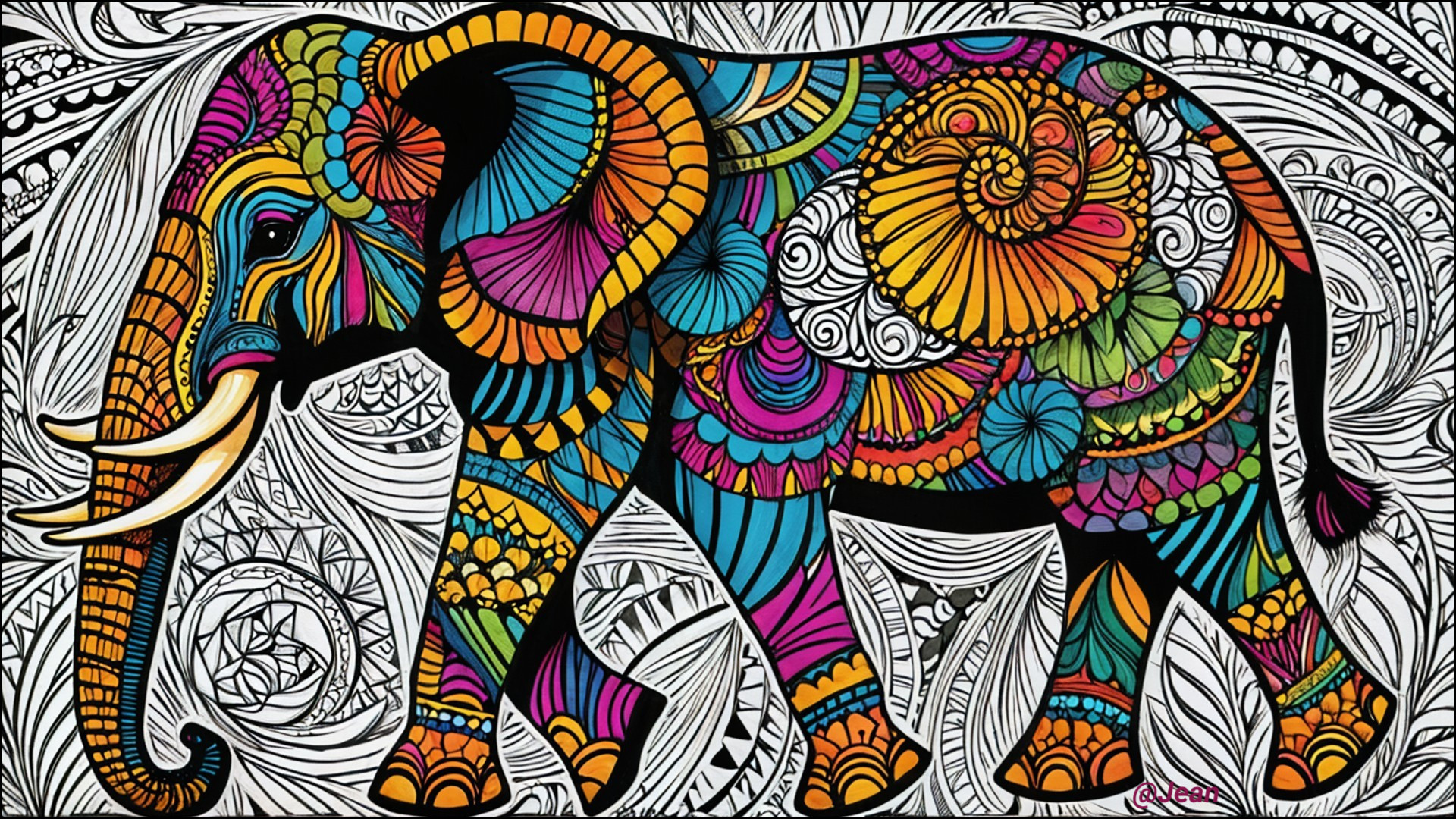Vividly Colored Elephant with Intricate Patterns