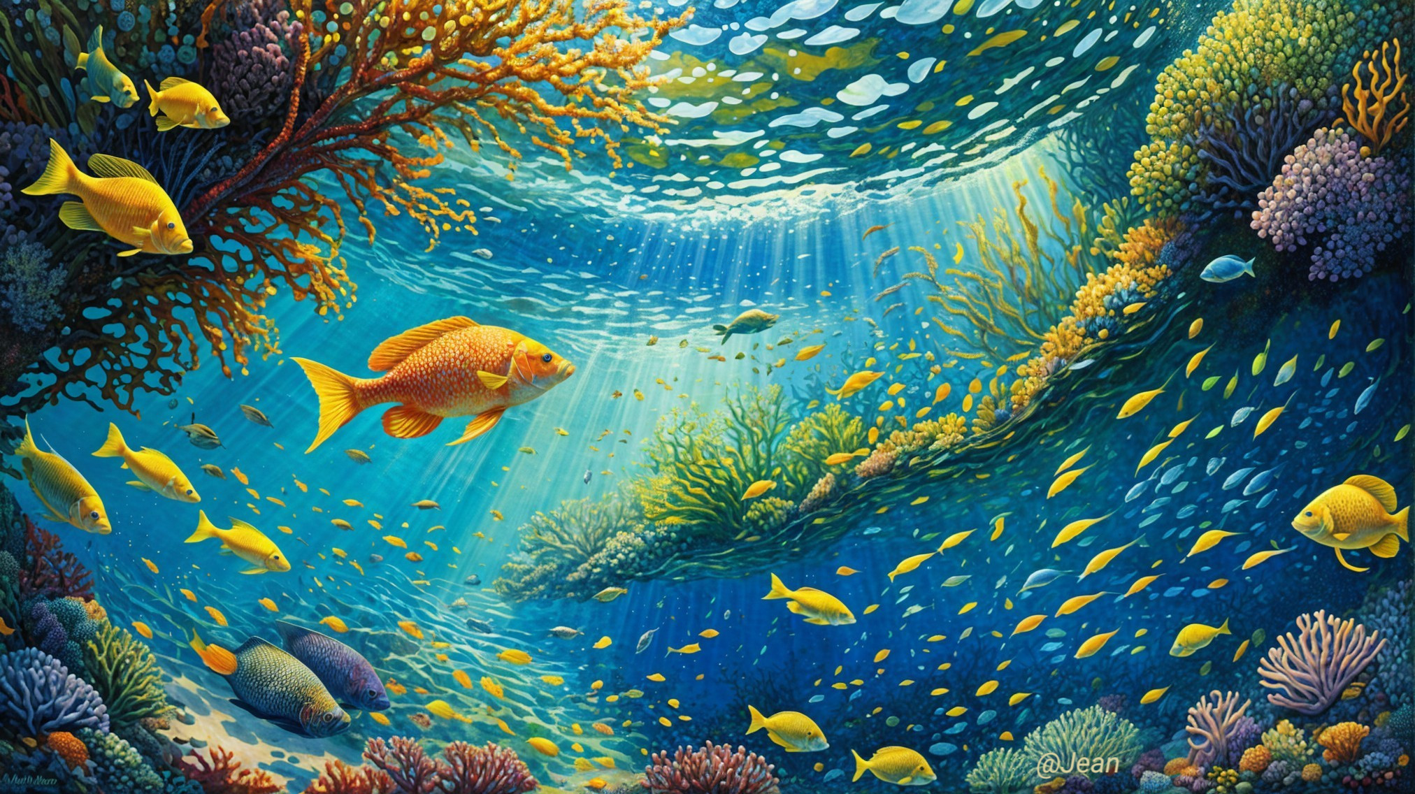 Vibrant Impressionistic Underwater Marine Life Scene