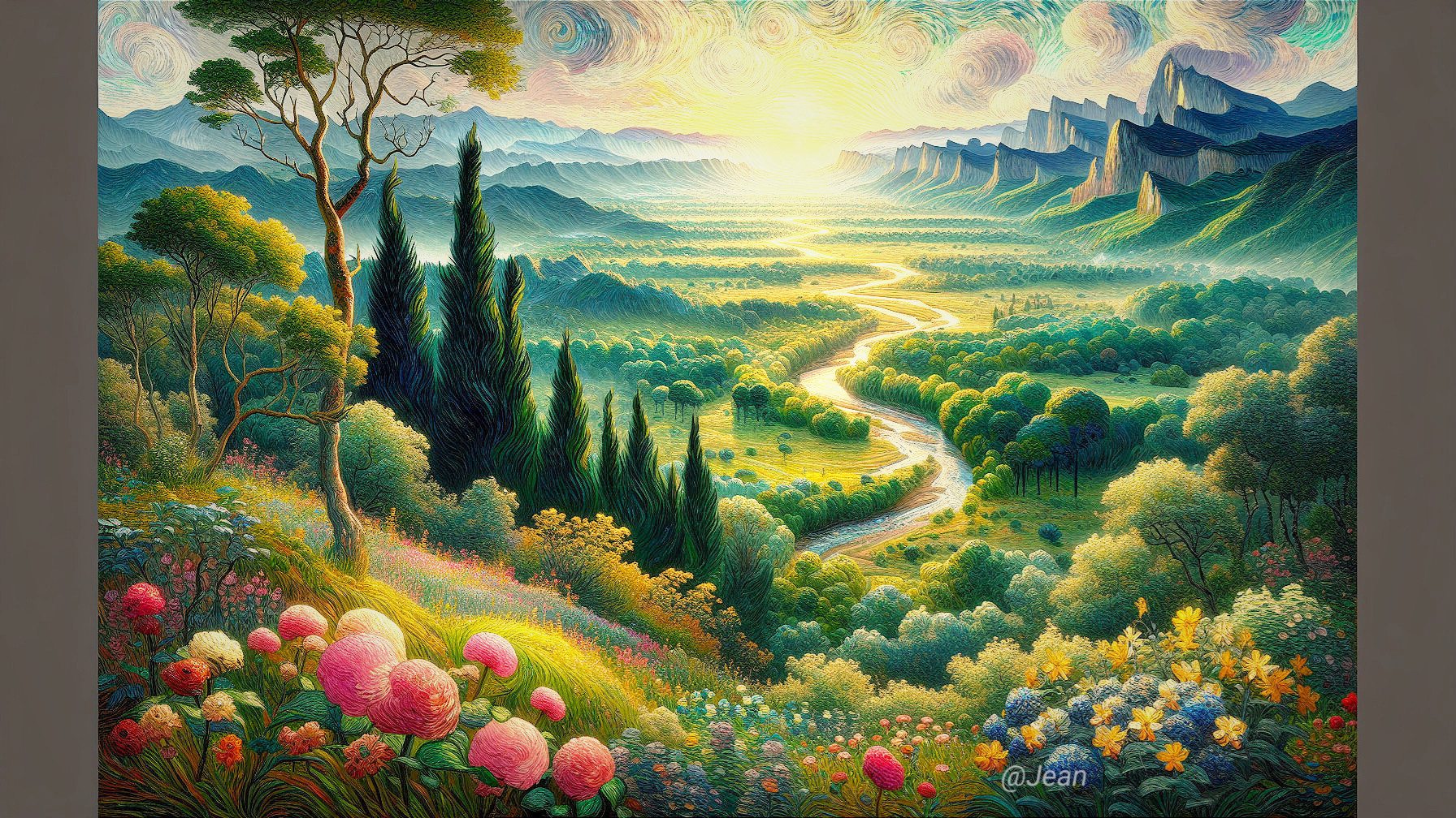 Vibrant Landscape with Rolling Hills and Winding River