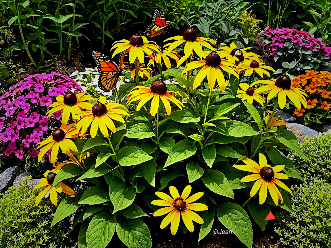 Vibrant Floral Display with Butterflies and Colorful Blooms