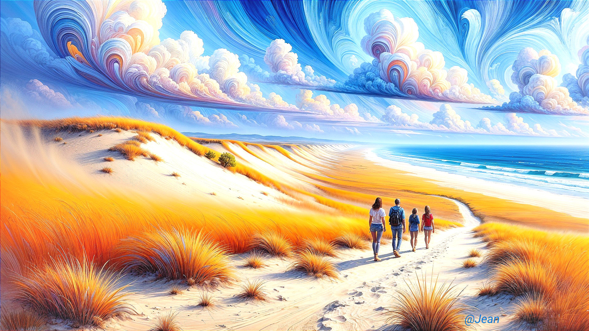 Coastal Scene with Figures Walking on Sandy Path