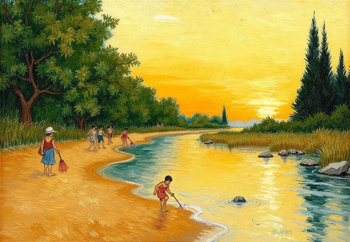 Serene Riverside Scene with Children at Sunset